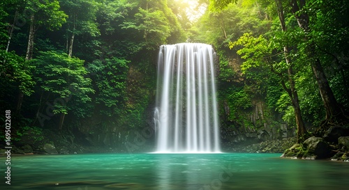 Waterfall cascading into a turquoise pool surrounded by lush green forest and bright sunlight above