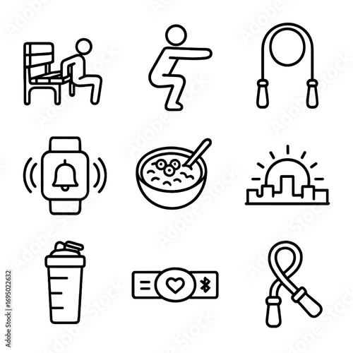 Morning Fitness Icons. Outline style icons of Morning Fitness: park bench tricep dip, bodyweight squat silhouette, elastic