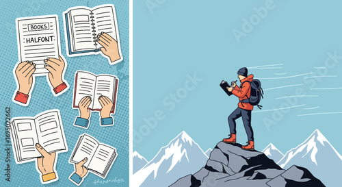 Books and adventure concept illustration featuring hands holding books and a hiker reading on a