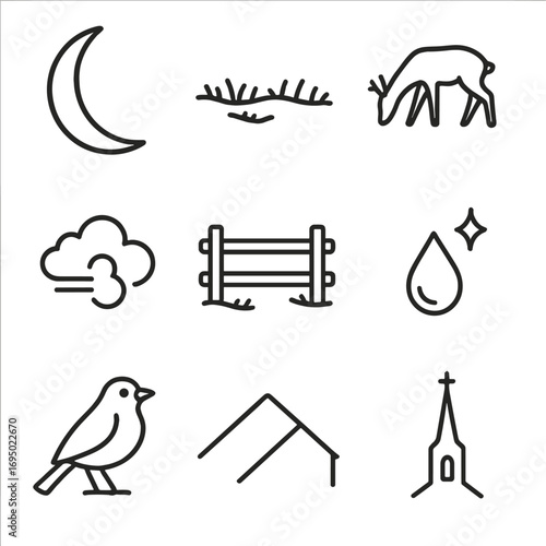 Moonlit Night Icons. Outline style icons of Moonlit Night: thin crescent moon sliver, frost-covered meadow, grazing deer