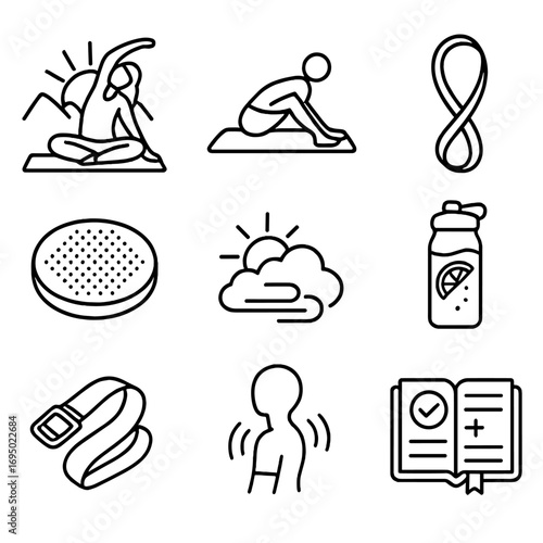 Morning Fitness Icons. Outline style icons of Morning Fitness: dawn flexibility flow, dynamic spine stretch, elastic loop band,