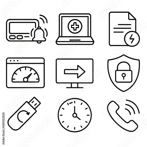 Mobile Workforce Icons. Outline style icons of Mobile Workforce: on-call IT pager, emergency laptop, incident ticket icon, status