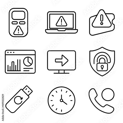 Mobile Workforce Icons. Outline style icons of Mobile Workforce: on-call IT pager, emergency laptop, incident ticket icon, status