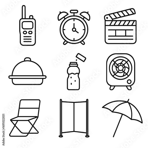 Model Casting Essentials. Outline style icons of Model Casting: crew walkie-talkie, call time alarm, shoot schedule board,