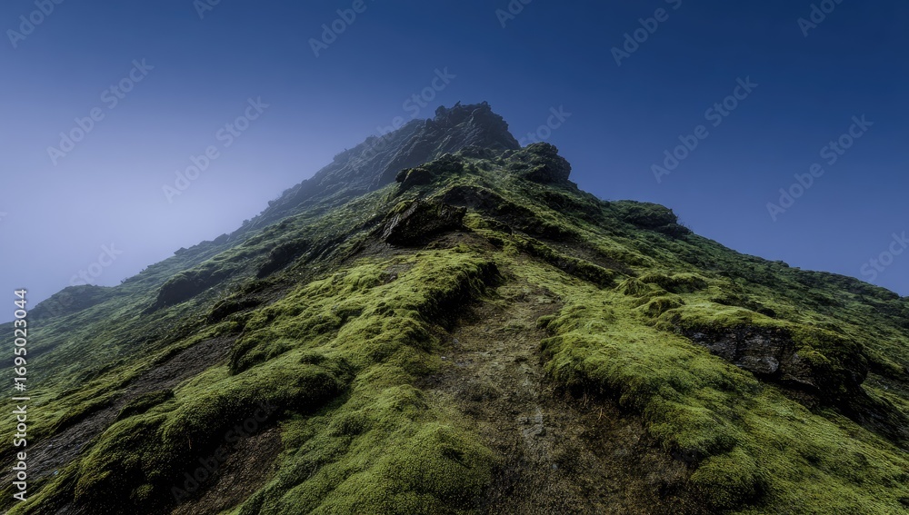 Fototapeta premium A rugged mountain peak, covered in moss, viewed from below