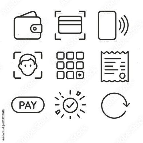 Mobile Payment Icon Set. Outline style icons of Mobile Design: payment wallet icon, card scan frame, NFC tap wave, biometric face