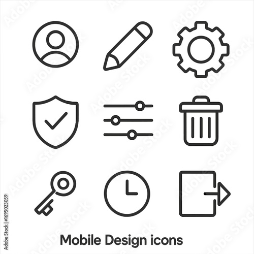 Mobile Design Icons. Outline style icons of Mobile Design: profile avatar circle, edit pencil icon, settings gear, privacy shield,