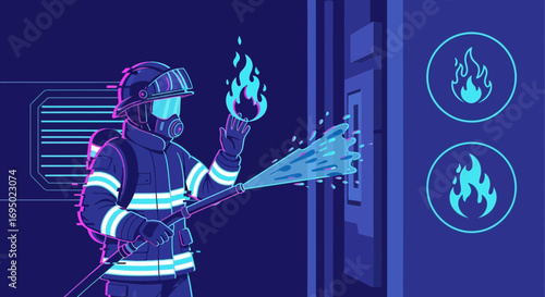 Brave firefighter extinguishing a blazing fire in a building emergency response action
