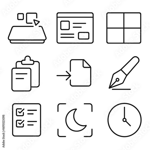 Mixed Reality Icons. Outline style icons of Mixed Reality: virtual desk surface, floating window app, multi-monitor grid,