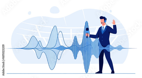 Broadcasting sports news with professional reporter and audio soundwave illustration