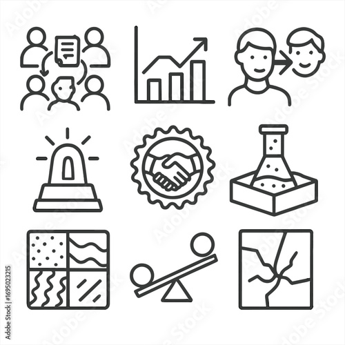 Misinformation Icons Collection. Outline style icons of Misinformation: copy-paste rumor chain, skewed polling bar, deepfake swap