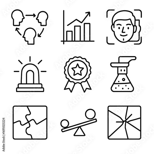 Misinformation Icons Collection. Outline style icons of Misinformation: copy-paste rumor chain, skewed polling bar, deepfake swap
