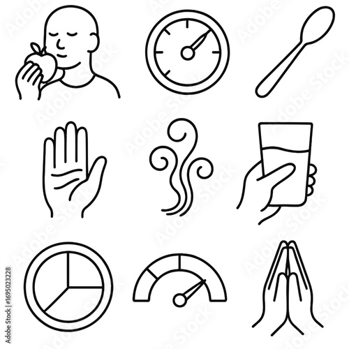 Mindfulness Icon Set. Outline style icons of Mindfulness: mindful eating apple, chew slowly meter, savor spoon, texture awareness