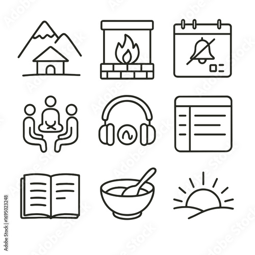 Mindfulness Icon Set. Outline style icons of Mindfulness: mountain meditation hut, fireplace warmth glow, silent retreat calendar,