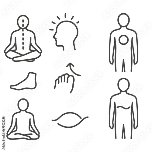 Mindfulness Icons Collection. Outline style icons of Mindfulness: body scan silhouette, head zone glow, chest zone glow, abdomen