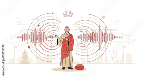 Buddhist Monk Meditating with Frequency Waves, Symbolizing Peace, Serenity and Spiritual Practice