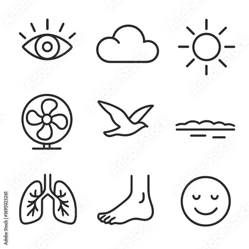 Mindfulness Outline Icons. Outline style icons of Mindfulness: sky gazing eye, drifting cloud icon, sunlight warmth beam, gentle