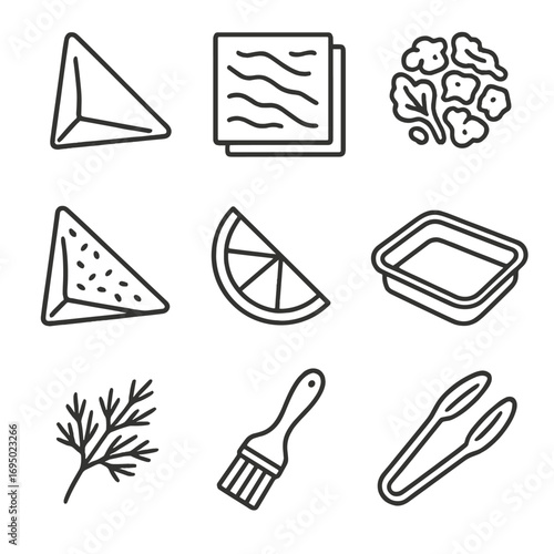 Mini Appetizers Icons. Outline style icons of Mini Appetizers: spanakopita triangle, flaky filo layer, spinach feta filling,