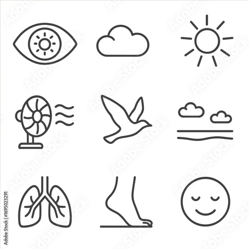 Mindfulness Outline Icons. Outline style icons of Mindfulness: sky gazing eye, drifting cloud icon, sunlight warmth beam, gentle