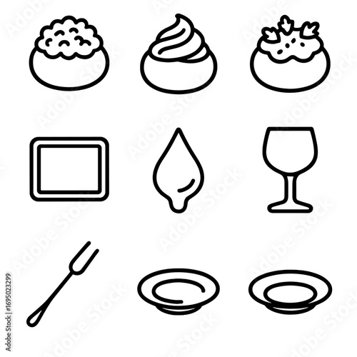 Outline Appetizer Icons. Outline style icons of Mini Appetizers: stuffed mushroom cap, breadcrumb topping, garlic butter swirl,