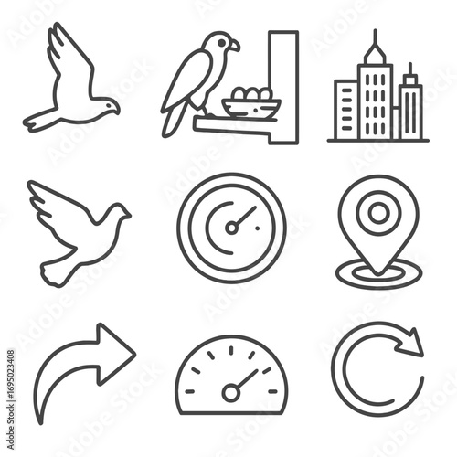 Urban Bird Migration Icons. Outline style icons of Migratory Birds: peregrine falcon stoop, skyscraper ledge nest, city skyline
