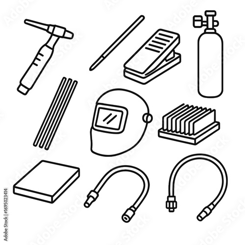 Metalworking Tool Icons. Outline style icons of Metalworking Tool: TIG torch, tungsten electrode, foot pedal control, argon gas