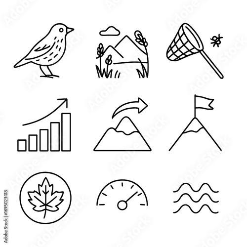 Migratory Bird Icons. Outline style icons of Migratory Birds: red-throated pipit, alpine meadow, insect sweep line, altitude chart
