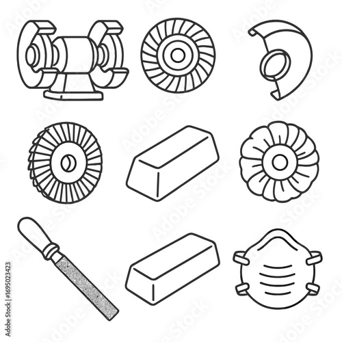 Metalworking Tool Icons. Outline style icons of Metalworking Tool: bench grinder wheel, flap disc pad, angle grinder guard,