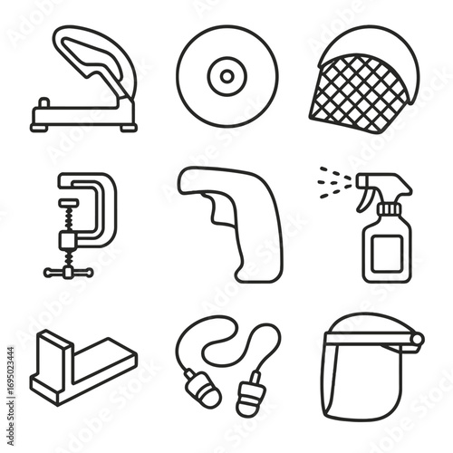 Metalworking Tool Icons. Outline style icons of Metalworking Tool: chop saw base, abrasive disc blade, spark guard screen,