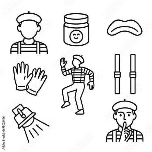 Mime Icon Outline. Outline style icons of Mime: classic striped shirt, black beret cap, white face paint jar, exaggerated sad