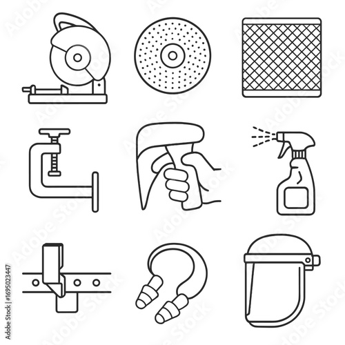 Metalworking Tool Icons. Outline style icons of Metalworking Tool: chop saw base, abrasive disc blade, spark guard screen,