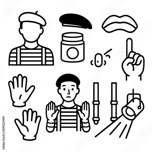 Mime Icon Outline. Outline style icons of Mime: classic striped shirt, black beret cap, white face paint jar, exaggerated sad