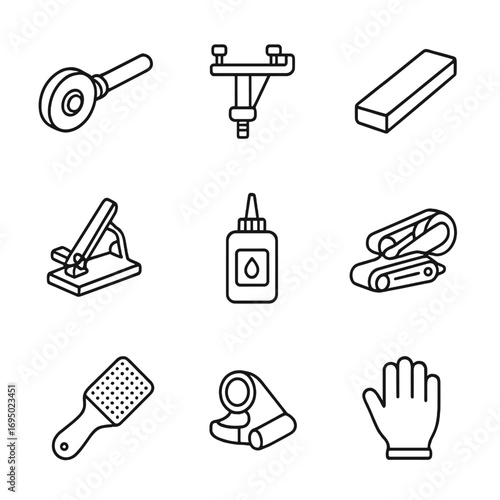 Metalworking Tools Icons. Outline style icons of Metalworking Tool: grinding wheel dresser, bench grinder rest, honing stone,