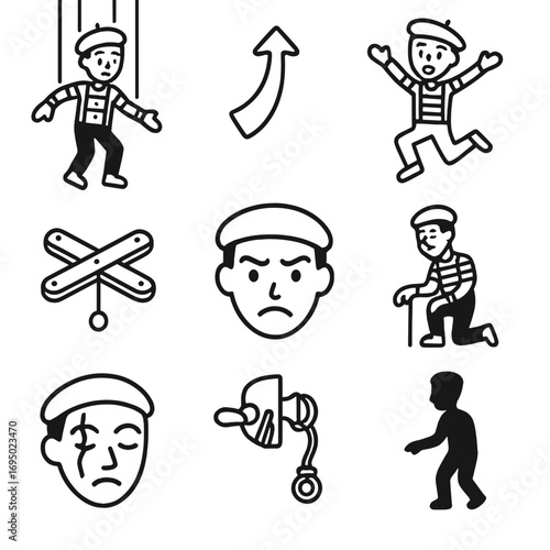 Mime Puppet Icons. Outline style icons of Mime: marionette puppet mime, string pull line, puppet limb flap, wooden crossbar prop,