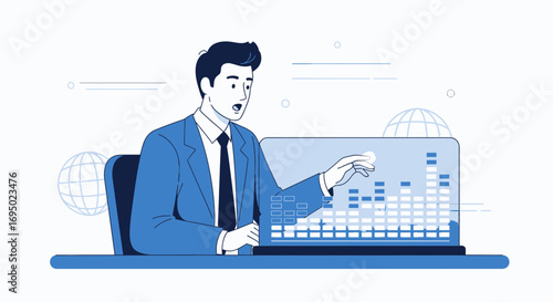 Business presentation with financial charts and graphs showing positive growth and investor