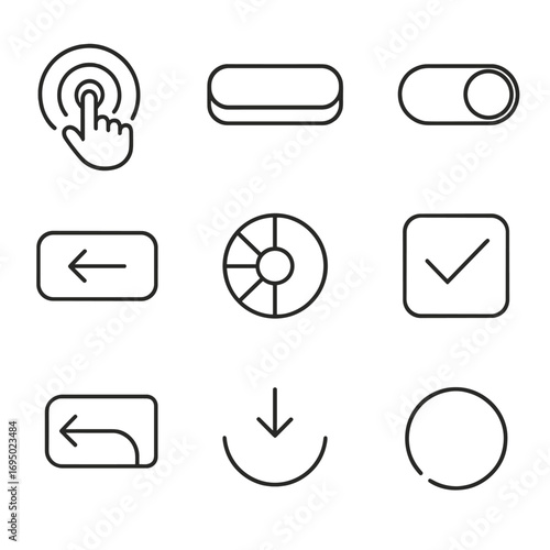 Outline Microinteraction Icons. Outline style icons of Microinteraction: tap ripple circle, button press depth, toggle switch snap