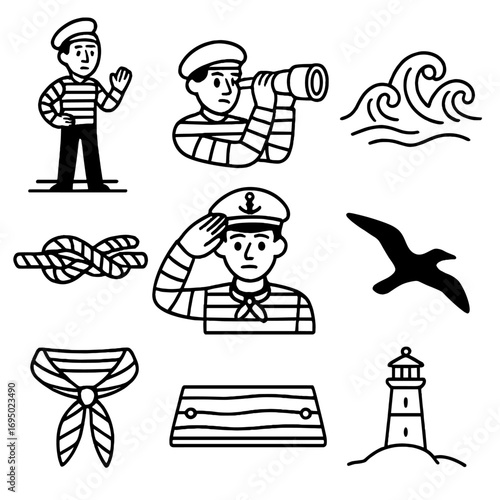 Nautical Mime Icons. Outline style icons of Mime: sailor on deck mime, spyglass scope, sea wave sway, rope knot tie, captain