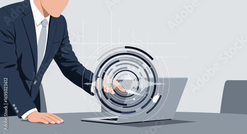 Businessman interacting with digital interface on laptop with data visualization technology
