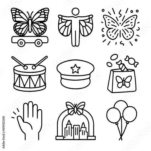 Migration Festival Icons. Outline style icons of Migration Festival: monarch parade float, wing cape costume, confetti wing burst,