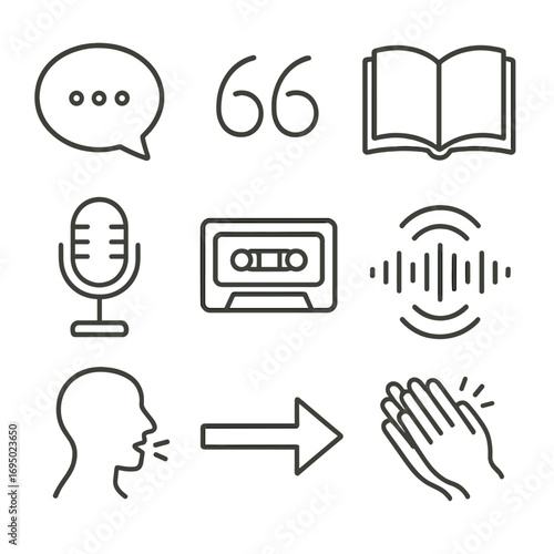 Memory Icons Collection. Outline style icons of Memory: echo voice bubble, favorite quote mark, storybook open, oral tradition mic