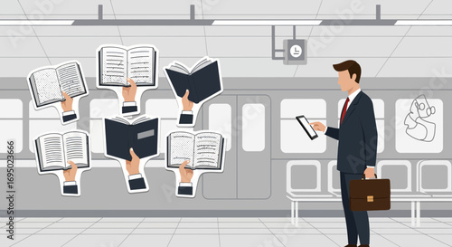 Businessman Holding Tablet with Floating Books in Subway Station Representing Knowledge Acquisition