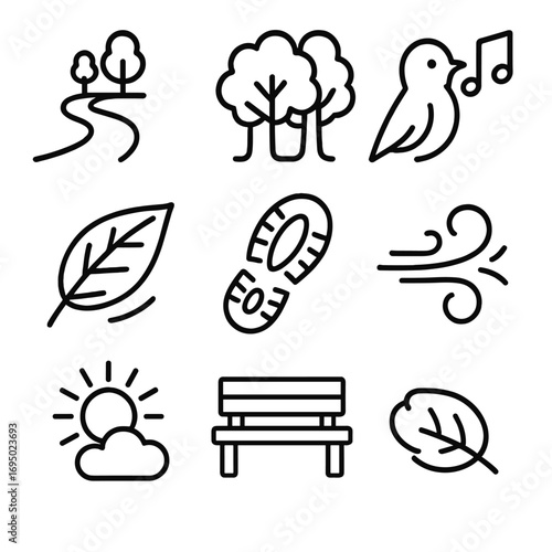 Icons of Mental Recovery. Outline style icons of Mental Recovery: calming nature trail, forest tree canopy, bird song note, water
