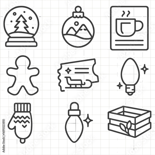 Memory Keepsake Icons. Outline style icons of Memory Keepsakes: holiday snow globe, ornament engraving, cocoa recipe card,