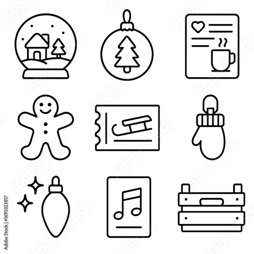 Memory Keepsake Icons. Outline style icons of Memory Keepsakes: holiday snow globe, ornament engraving, cocoa recipe card,
