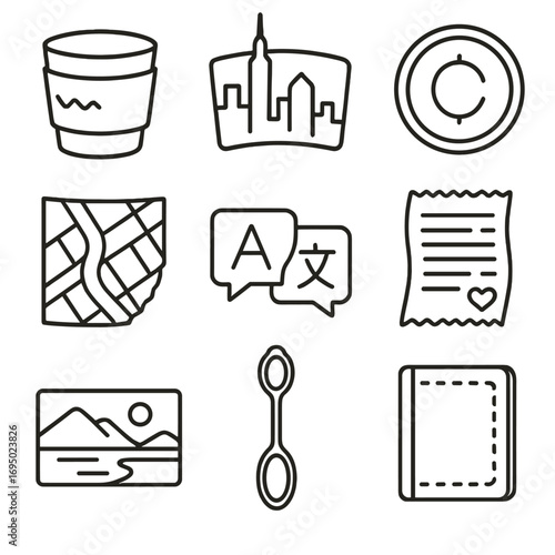 Memory Keepsake Icons. Outline style icons of Memory Keepsakes: travel coffee sleeve, city skyline sticker, local bus token,