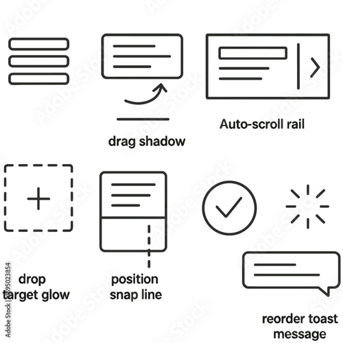 Microinteraction Icon Set. Outline style icons of Microinteraction: list reorder grip, drag shadow lift, placeholder gap slide,