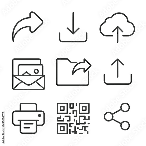 Export and Share Icons. Line style icons of export and sharing: share arrow, download icon, save to cloud, email photo, export