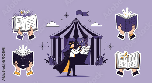 Captivating illustrations of magic show with books under the big top tent setting scene