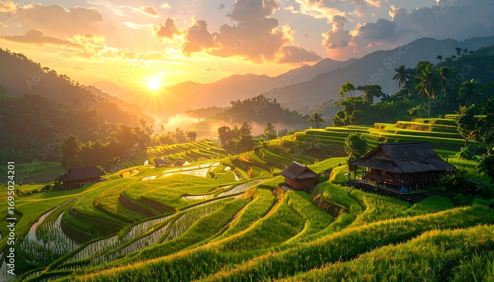 Fototapeta premium A breathtaking vista of terraced rice paddies at sunrise, showcasing traditional farmhouses nestled amongst lush greenery and rolling hills.