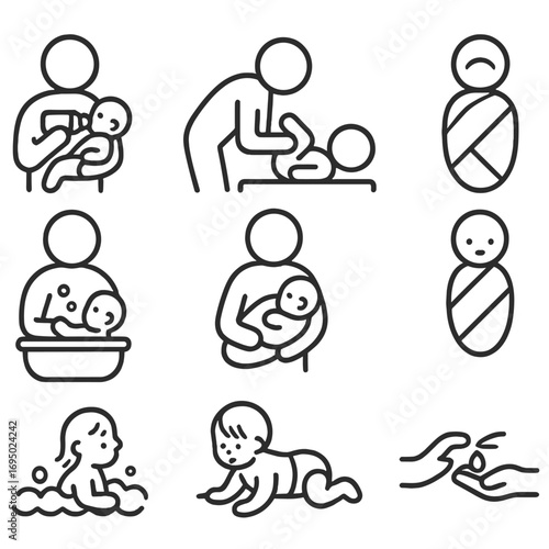 Baby Care Icons. Line style icons of baby care activities: feeding, diaper change, burping, swaddling, bathing, rocking to sleep,